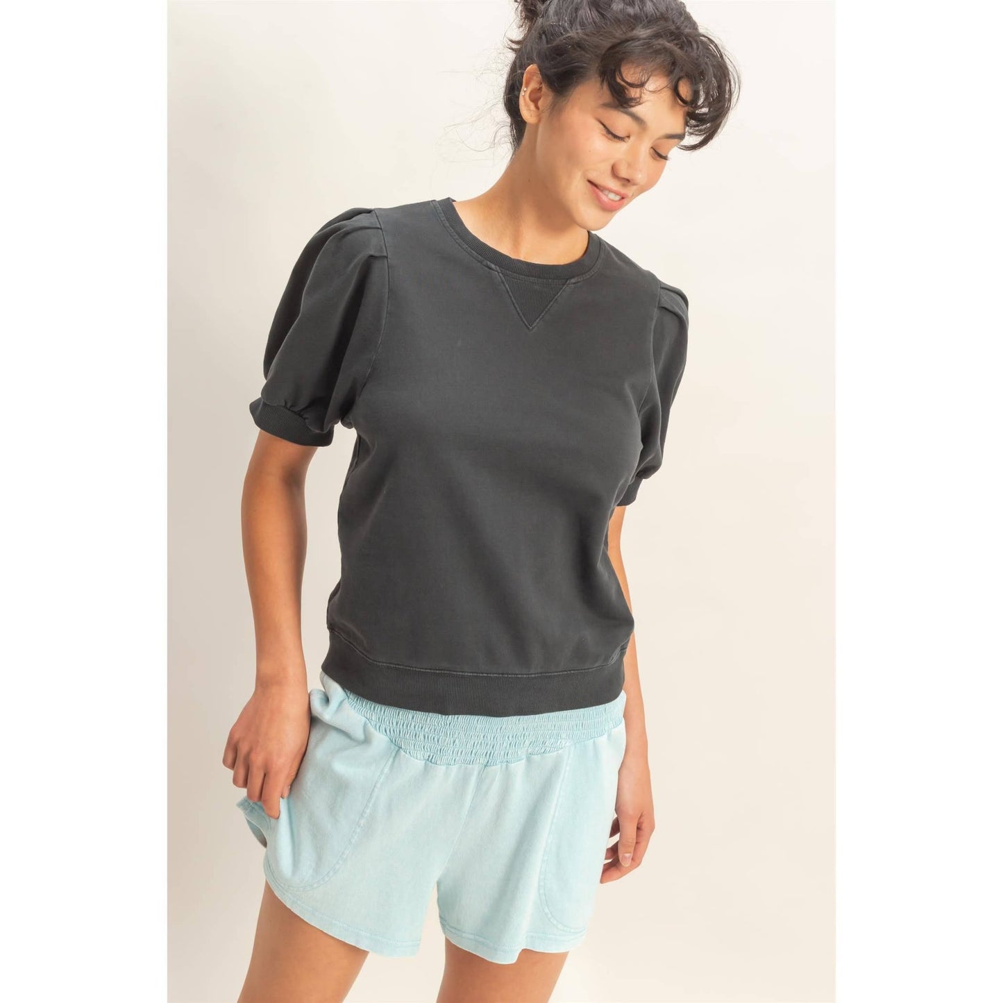 Short Sleeve Puff Sleeve Sweatshirt: Black