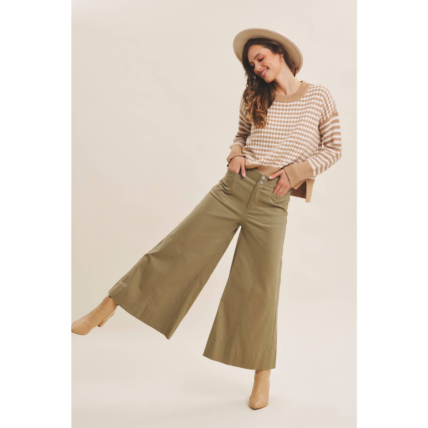 Relaxed Fit Textured Mix Stripe Sweater - Camel