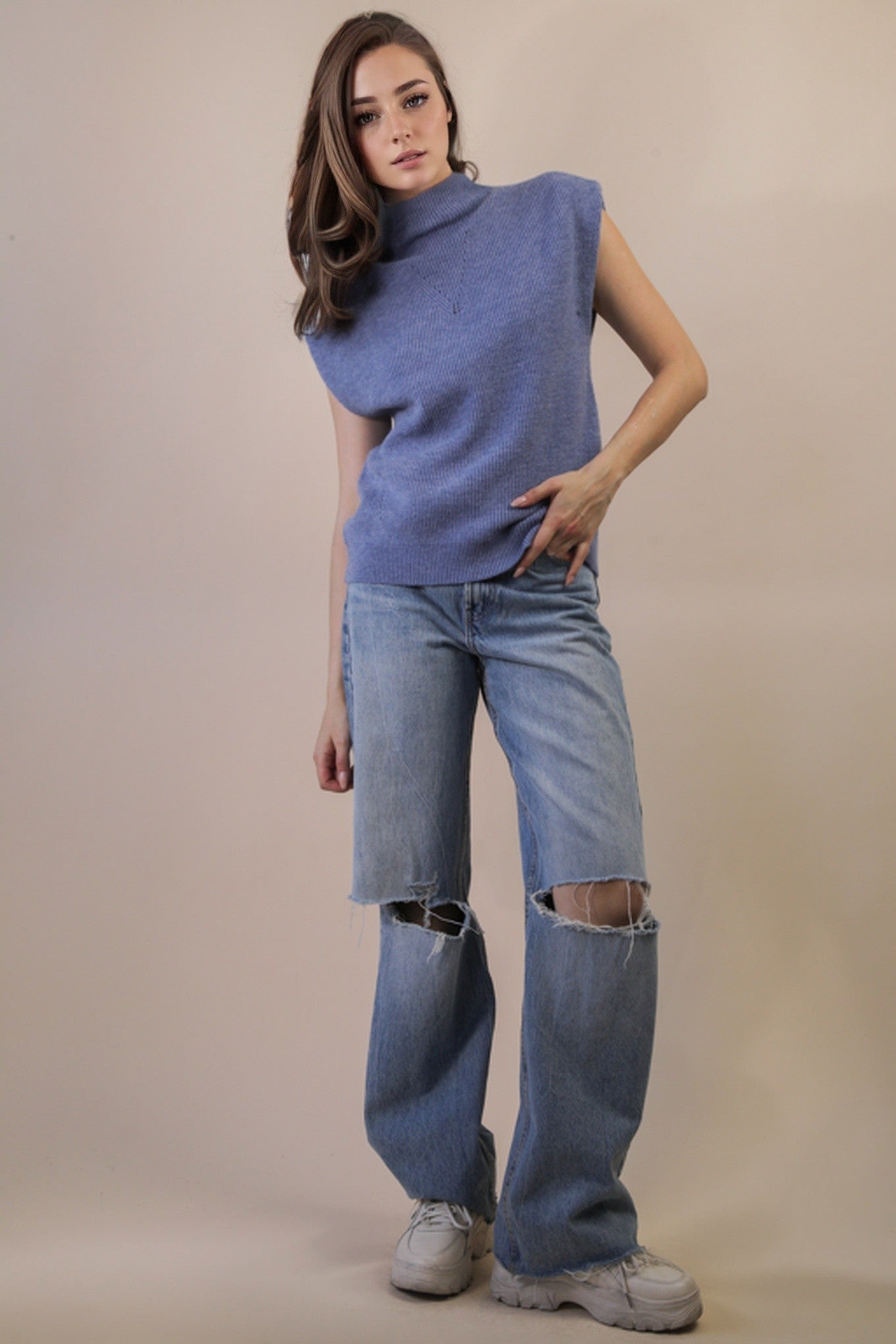 Soft Knit Sweater Vest Top - Slate Blue