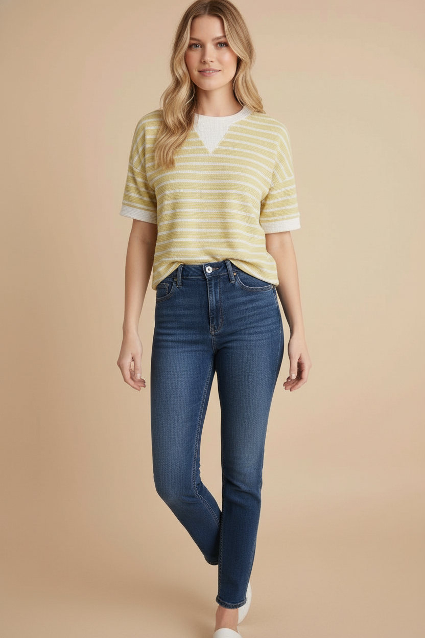 STRIPE ROUND NECK CLOUDY KNIT TOP: Mellow Yellow