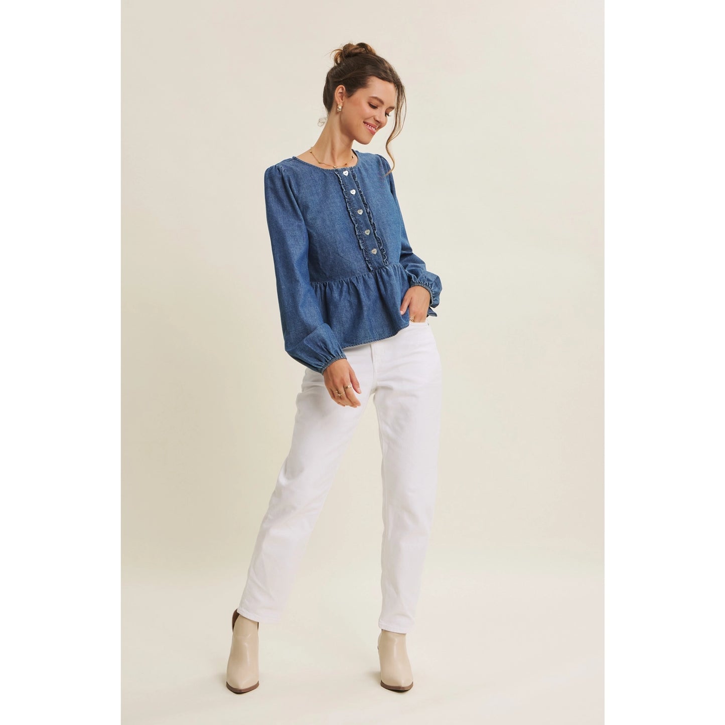 Romantic Twist Heart Buttons Denim Babydoll Top