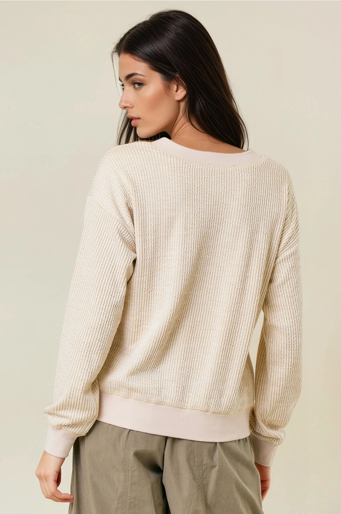 Oversized Vertical Stripe Two-Tone Ribbed Top - Light Beige