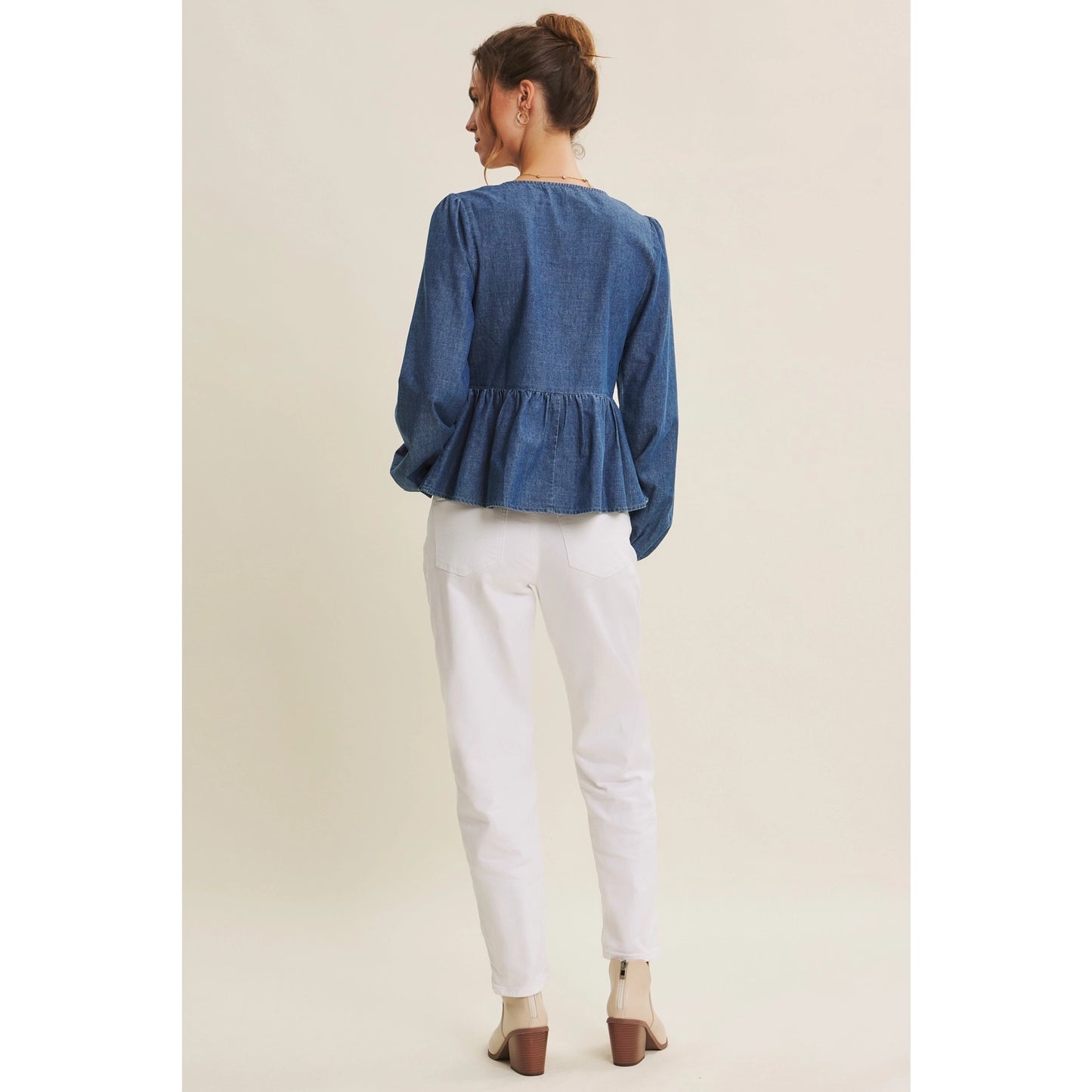 Romantic Twist Heart Buttons Denim Babydoll Top