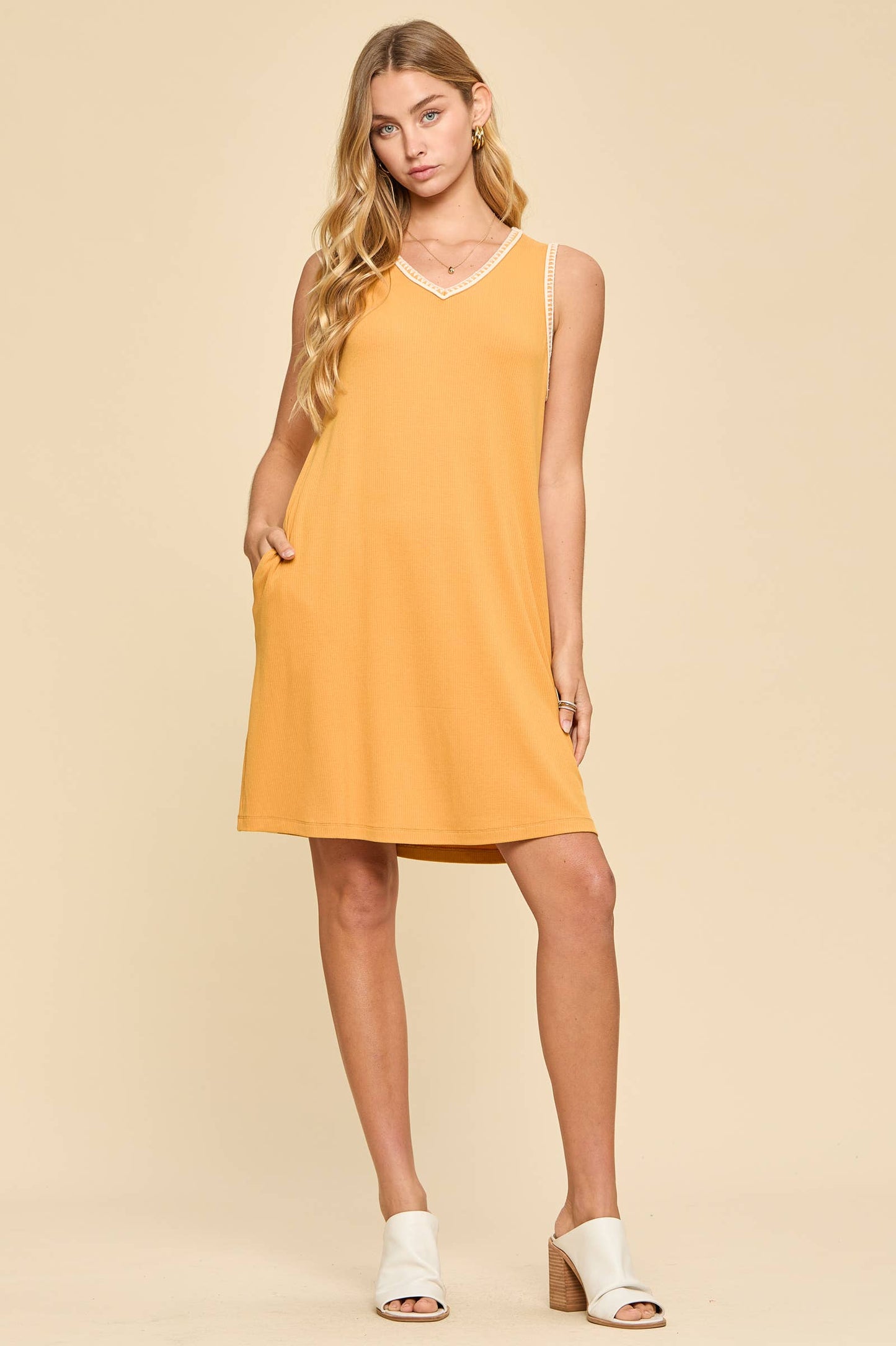 Sleeveless Ribbed Dress w/ Embroidered Stitching - Marigold