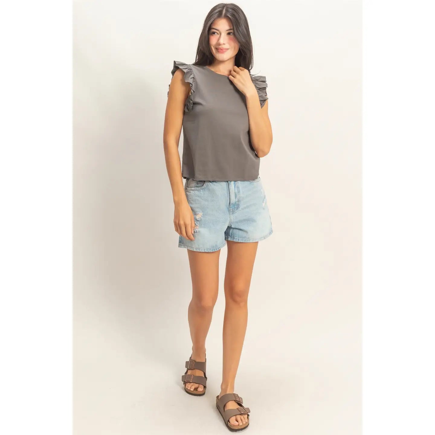 Ruffle Cap Sleeve Crew Neck Top - Charcoal