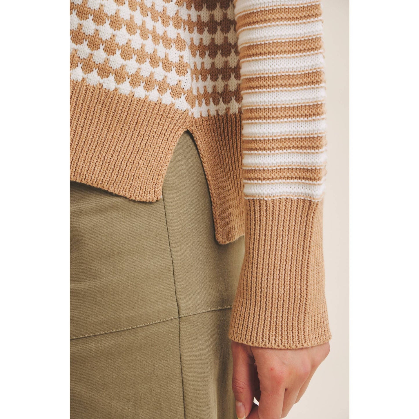 Relaxed Fit Textured Mix Stripe Sweater - Camel