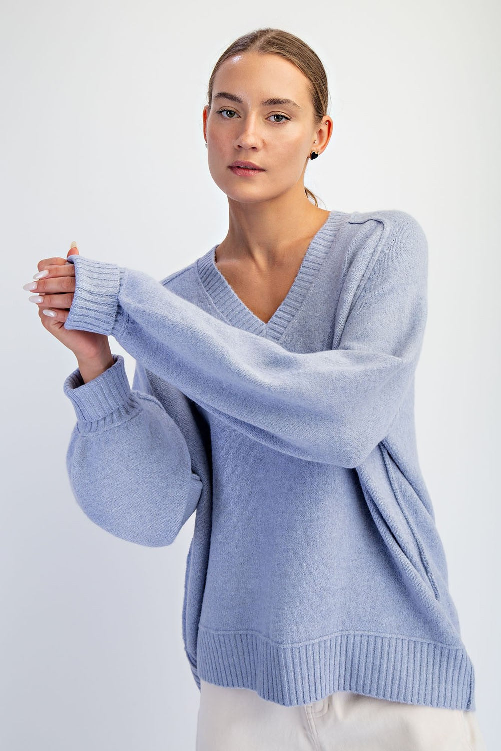 Oversized V-Neck Sweater - Baby Blue
