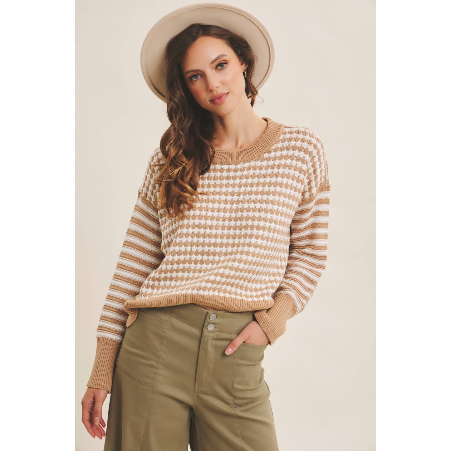 Relaxed Fit Textured Mix Stripe Sweater - Camel