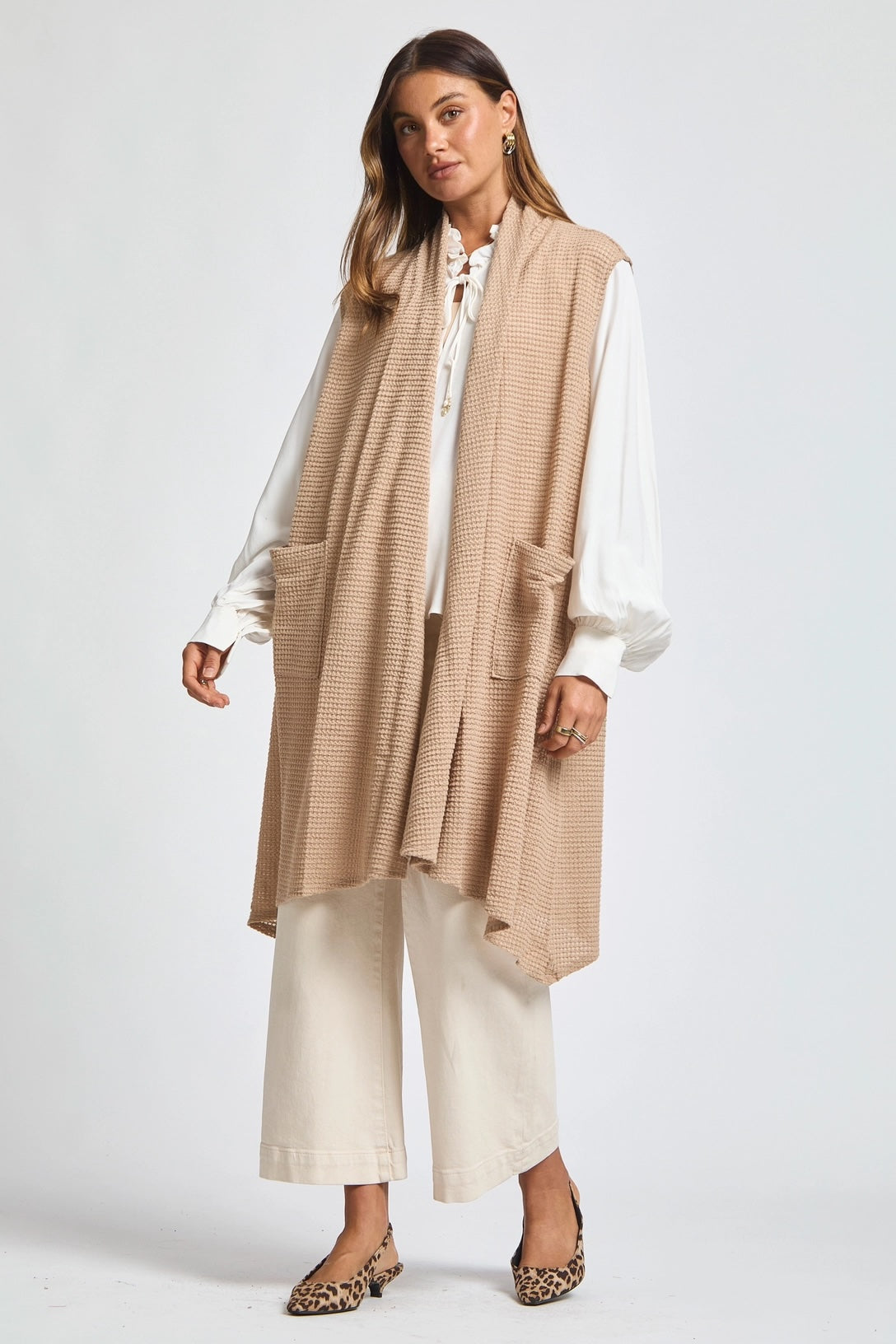 Sleeveless Crochet Midi Vest Cardigan - Mocha