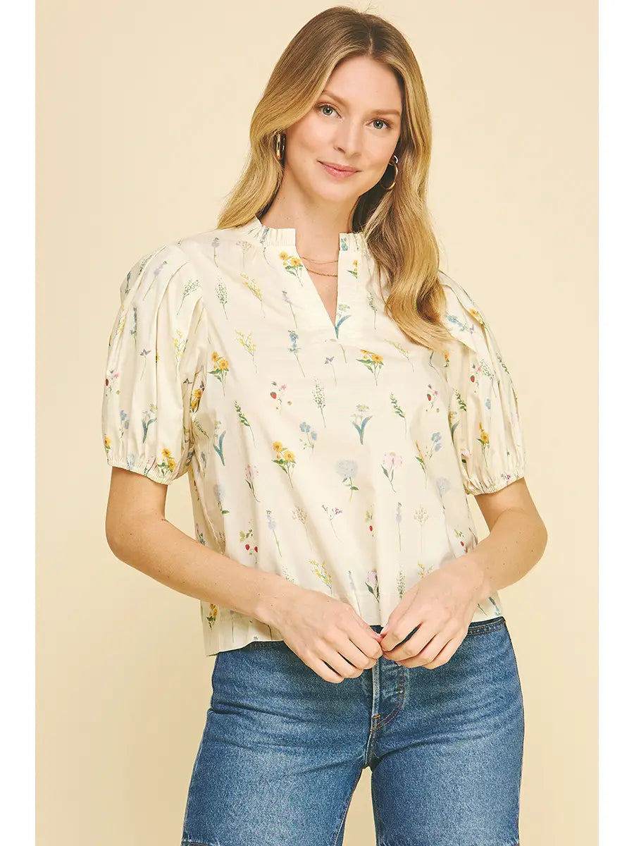 Cream Floral Balloon Sleeve Blouse Top
