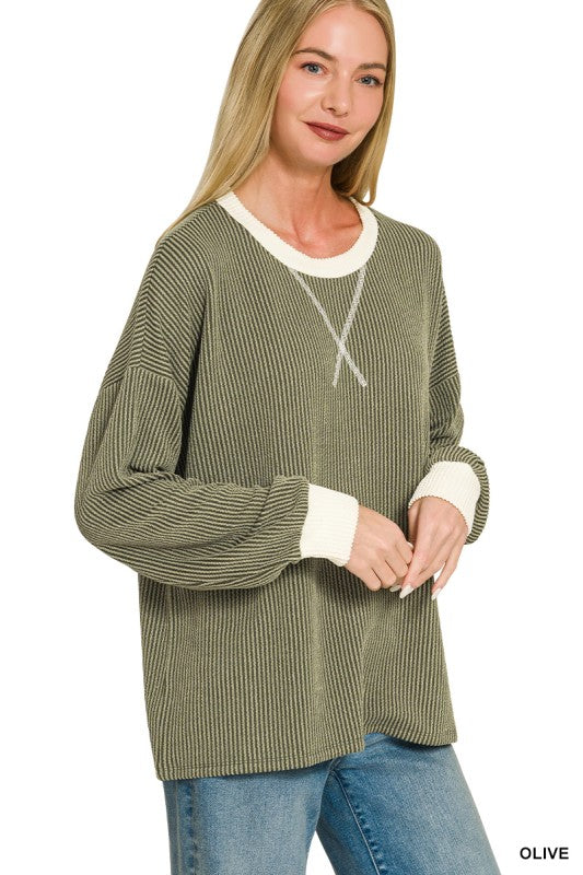 Ribbed LS with Contrast Trim: Olive