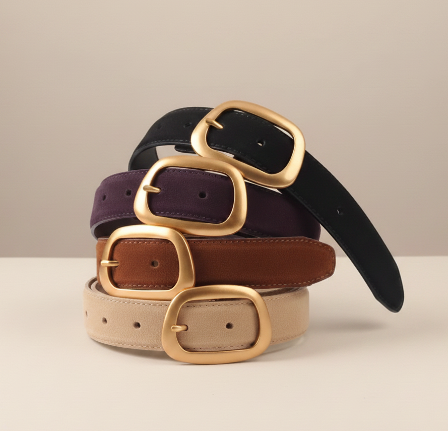 Suede Belt with Organic Shape Buckle Black