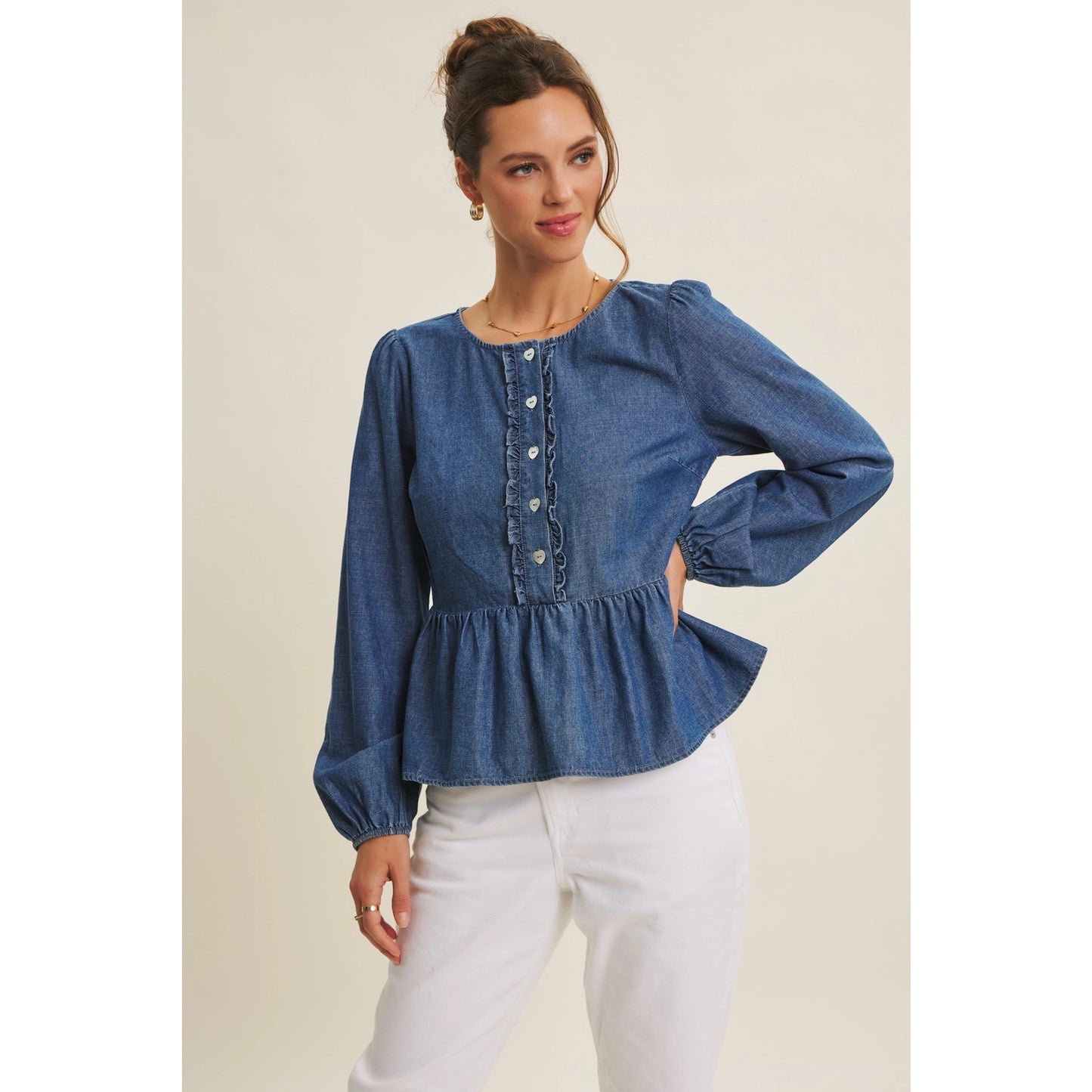 Romantic Twist Heart Buttons Denim Babydoll Top