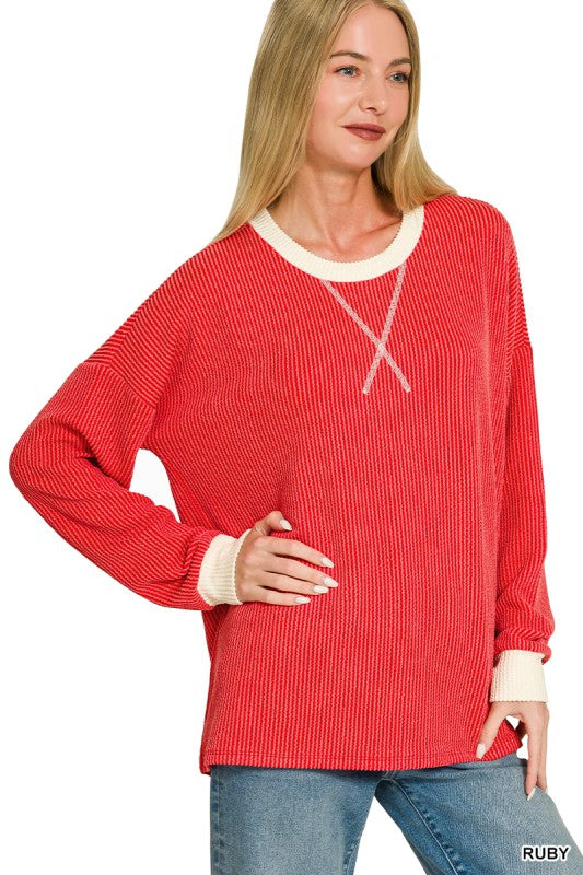 Ribbed LS with Contrast Trim: Red