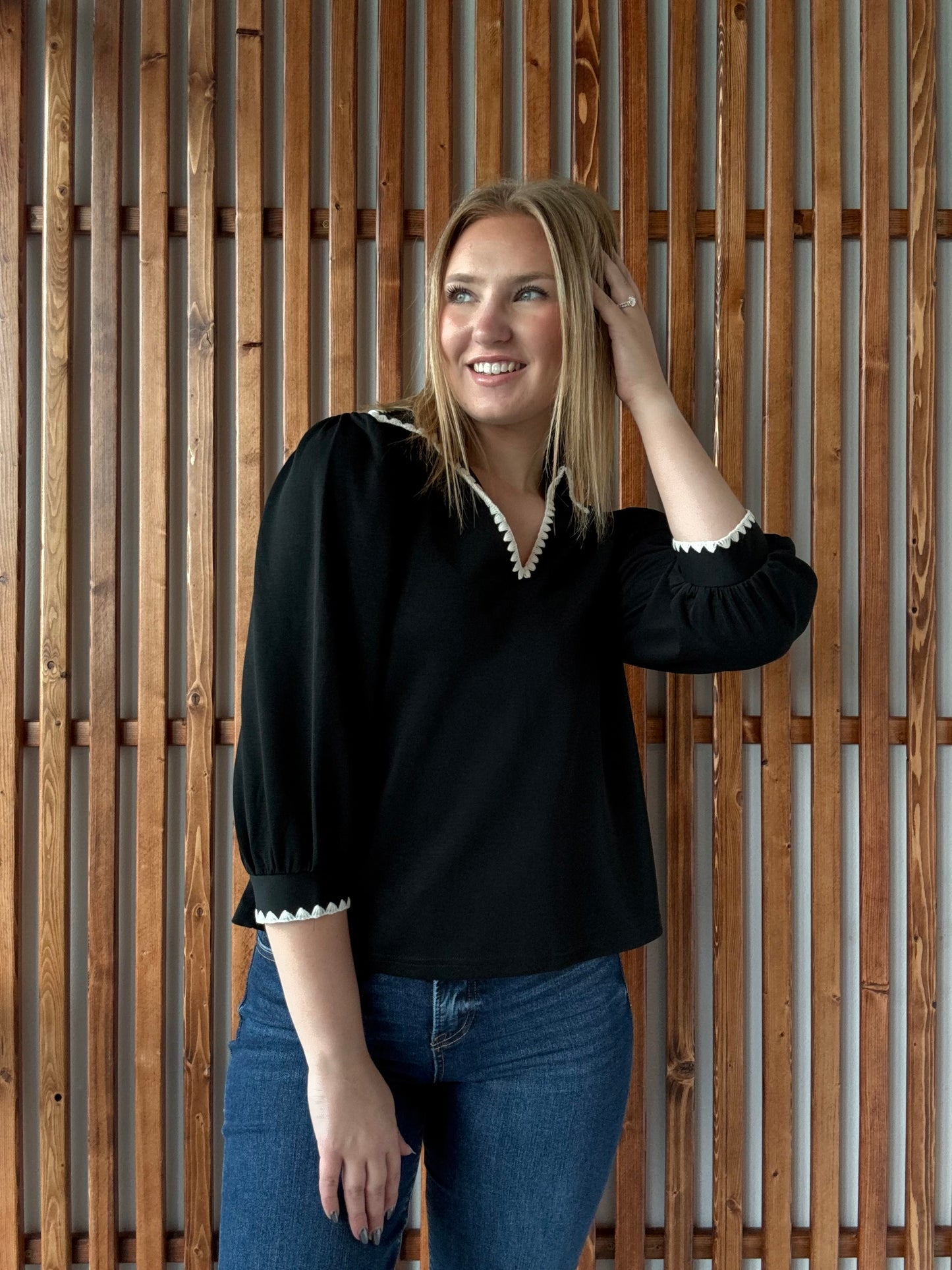 Collared Scallop Accent Trim Blouse - Black