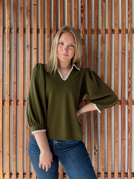 Collared Scallop Accent Trim Blouse - Olive