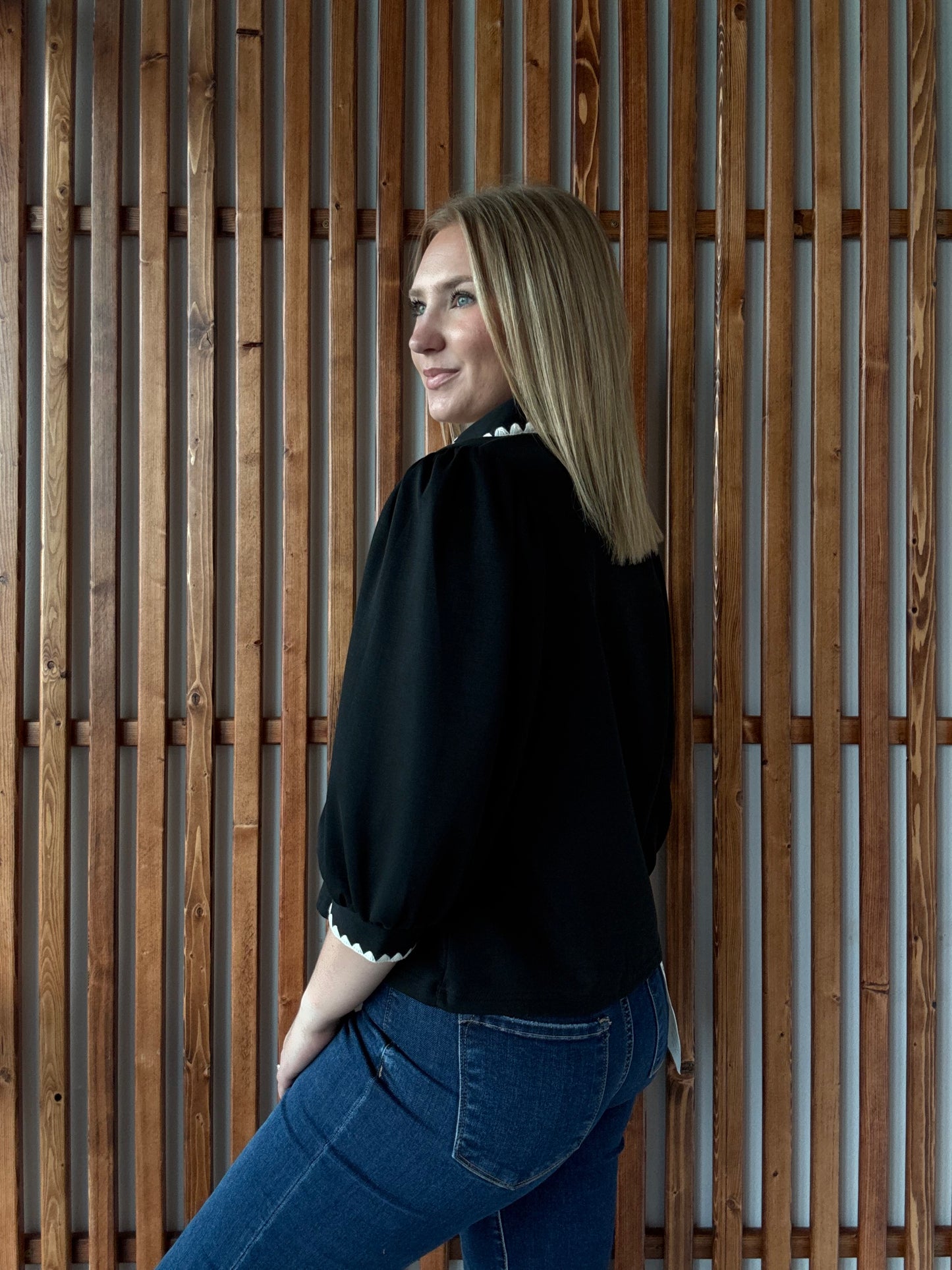 Collared Scallop Accent Trim Blouse - Black