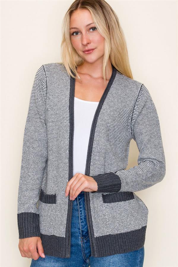 Contrast Trim Pinstripe Cardigan - Charcoal