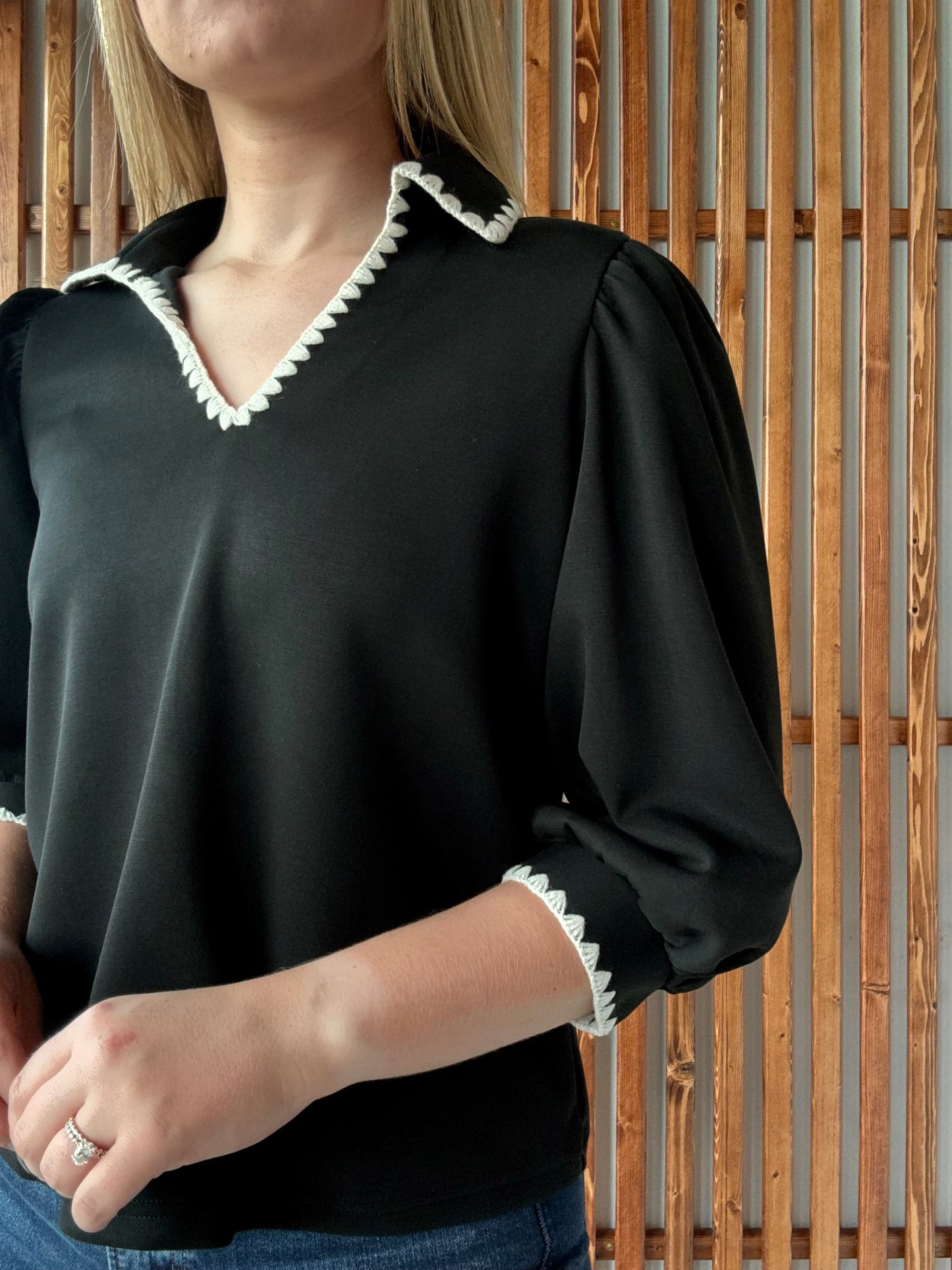 Collared Scallop Accent Trim Blouse - Black