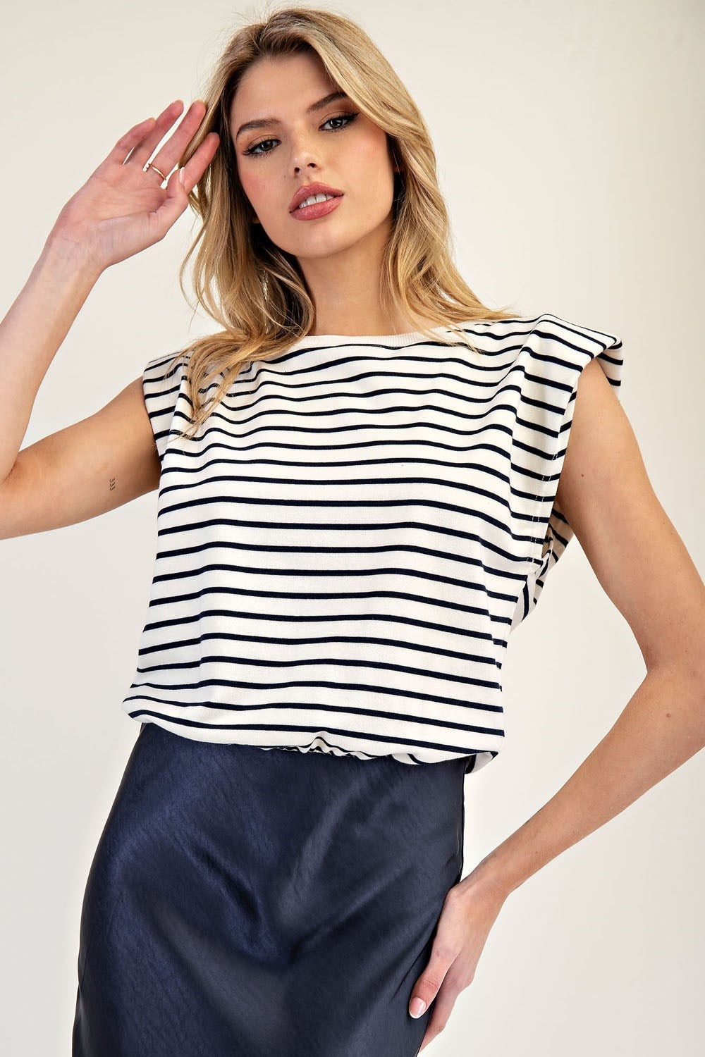 Navy Striped Satin Sleeveless Maxi Dress