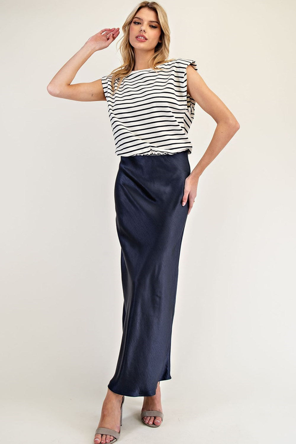 Navy Striped Satin Sleeveless Maxi Dress