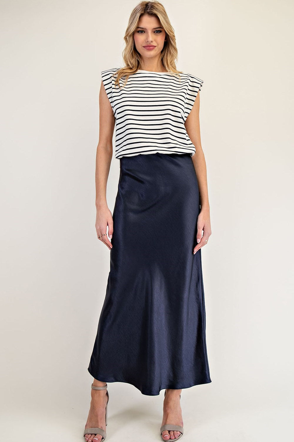 Navy Striped Satin Sleeveless Maxi Dress
