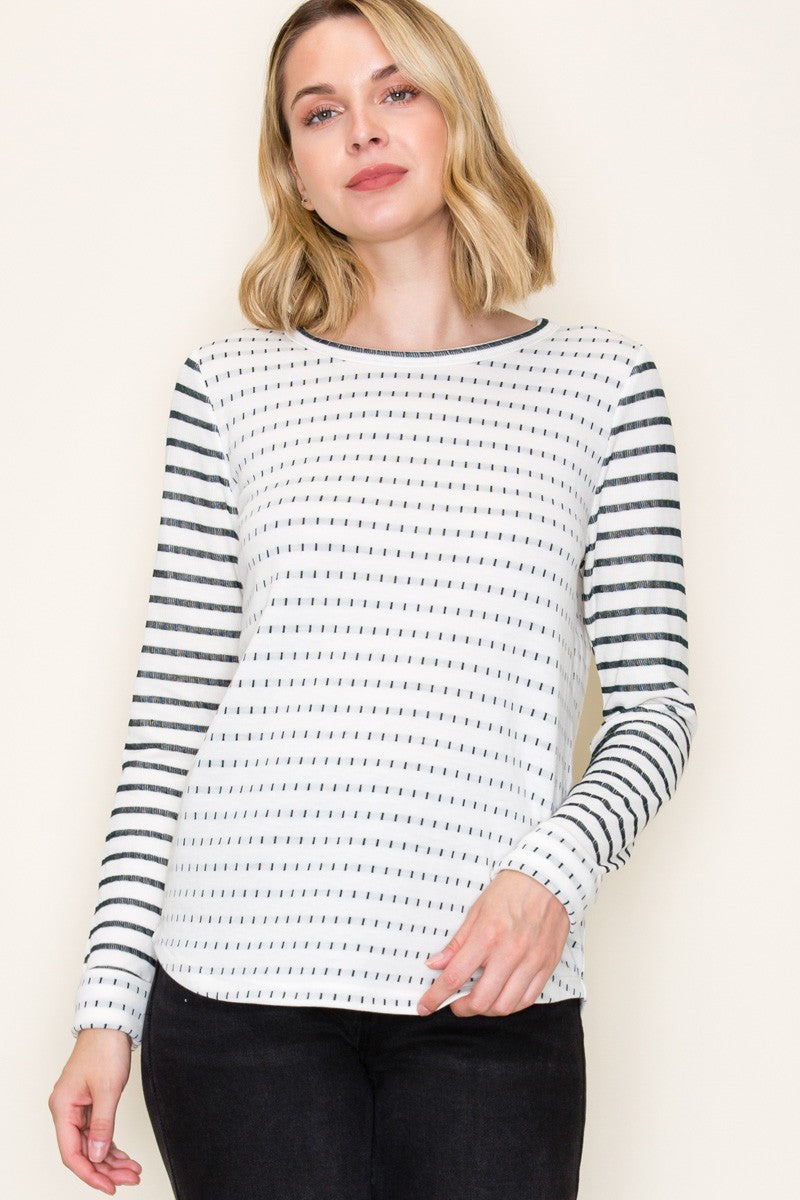 Dotted Striped Poly French Terry Top - Green
