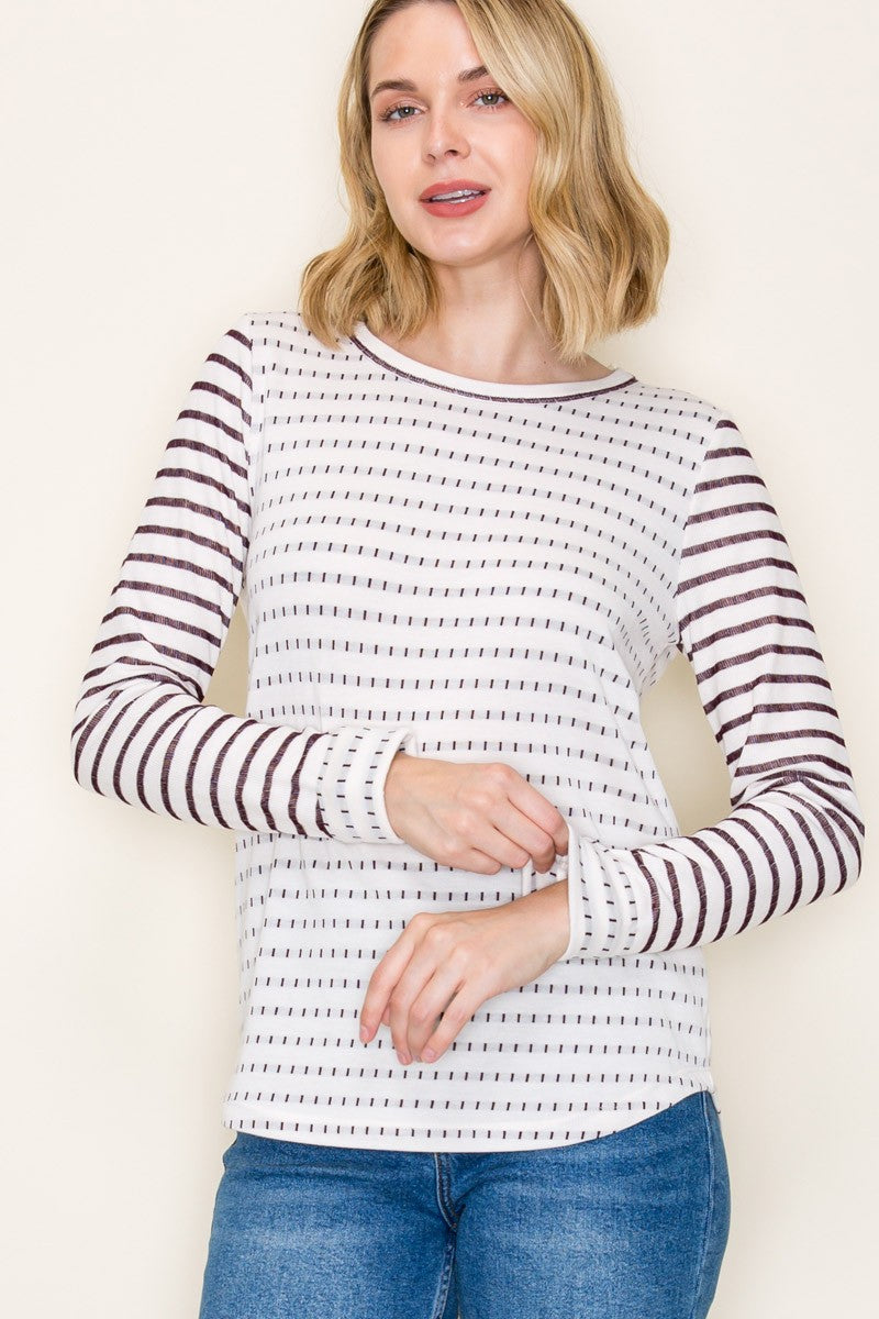Dotted Striped Poly French Terry Top - Plum