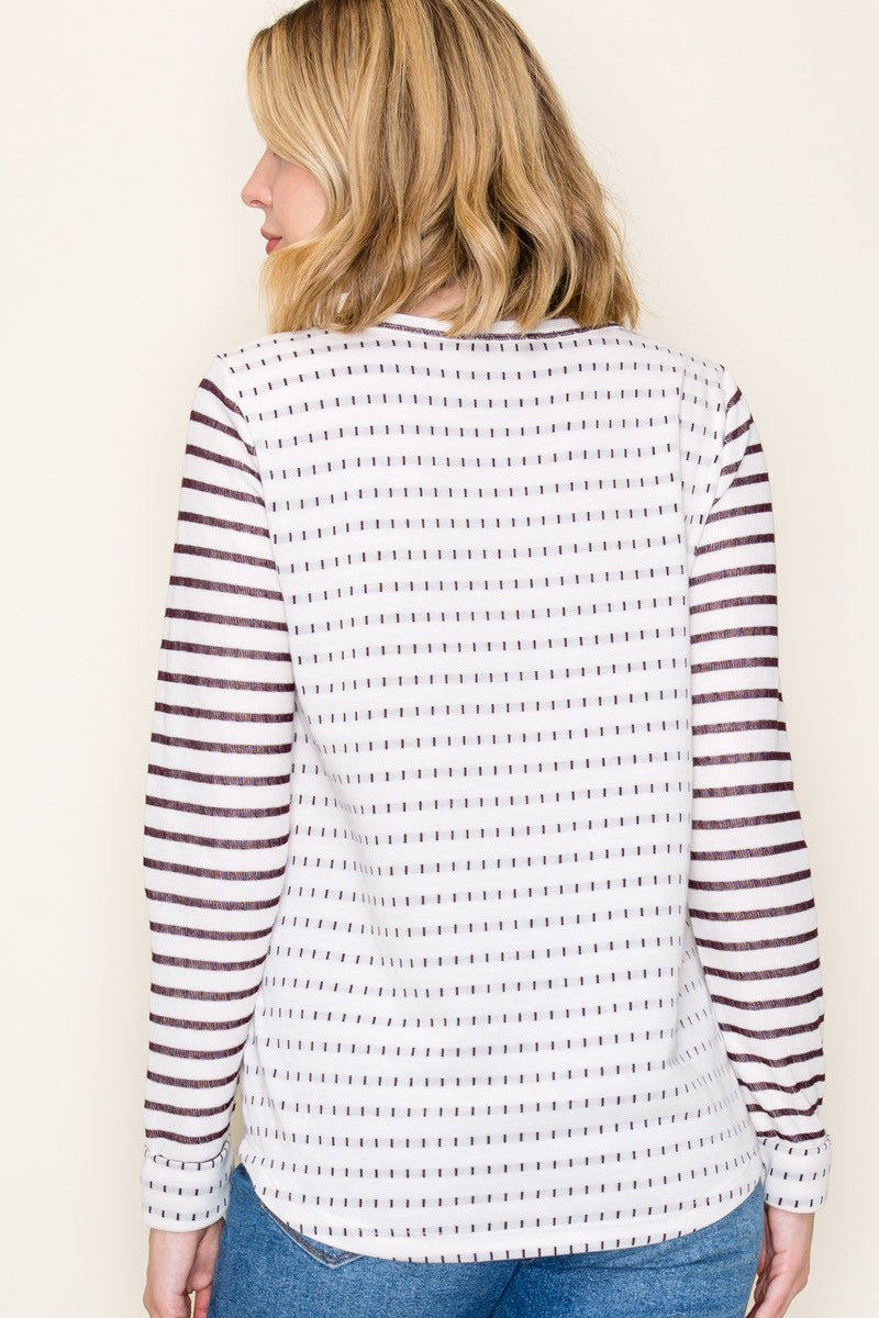 Dotted Striped Poly French Terry Top - Plum