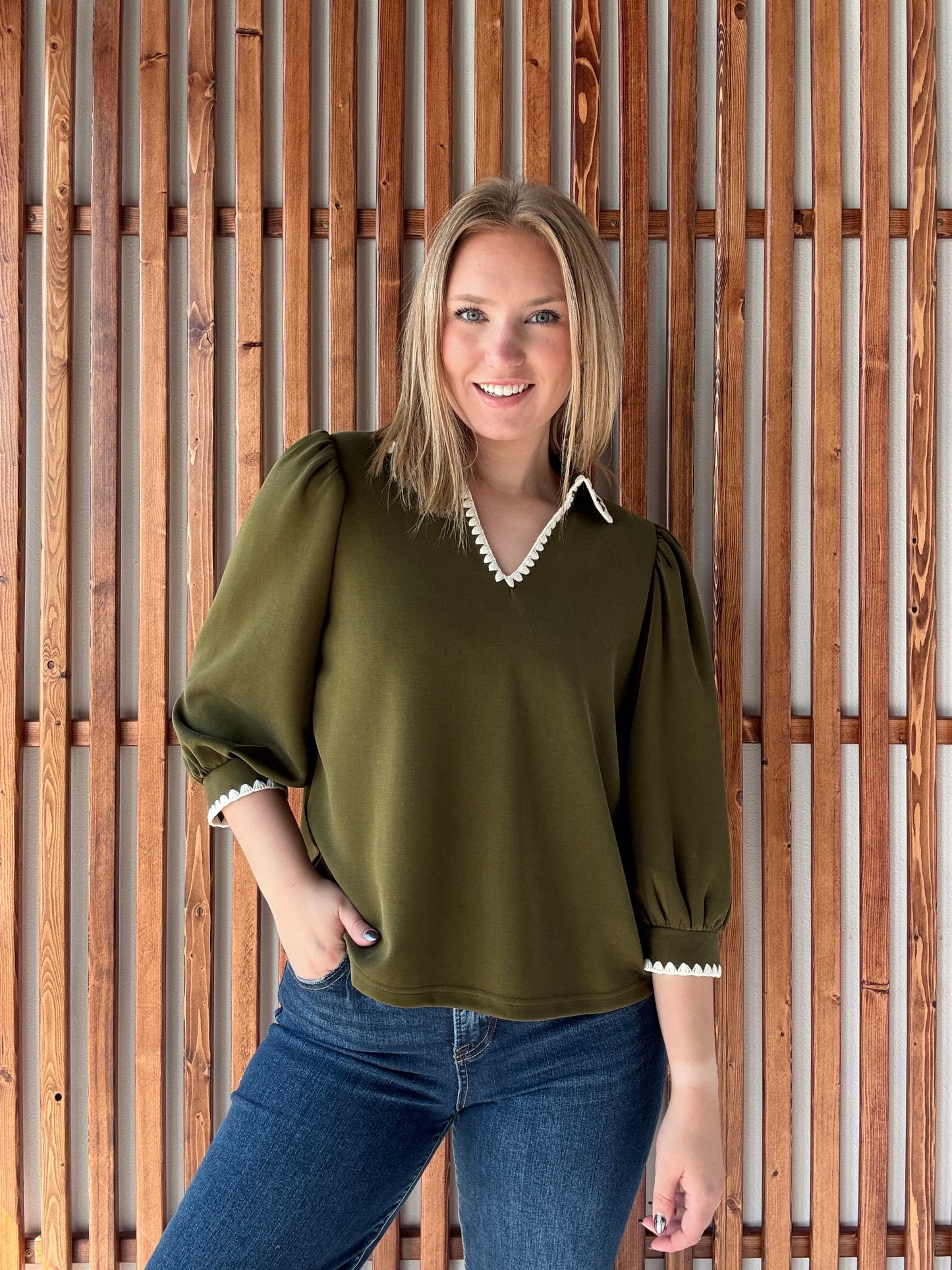 Collared Scallop Accent Trim Blouse - Olive