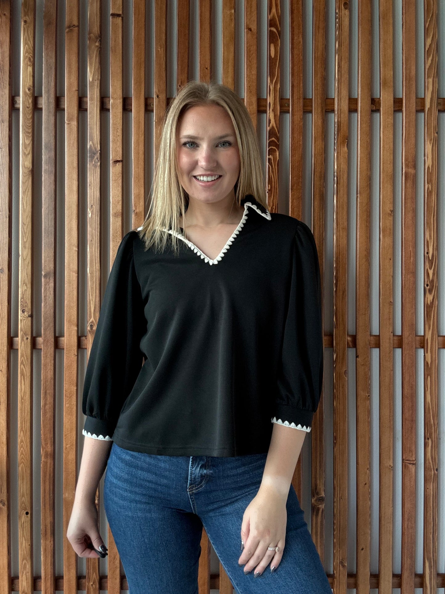 Collared Scallop Accent Trim Blouse - Black