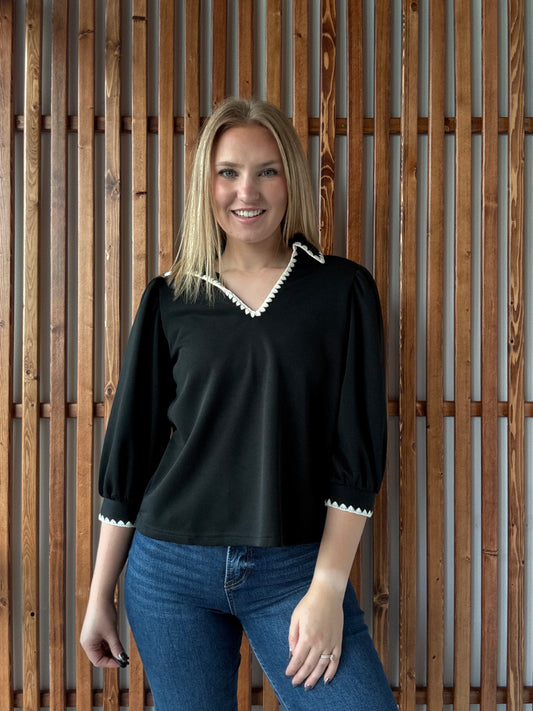 Collared Scallop Accent Trim Blouse - Black