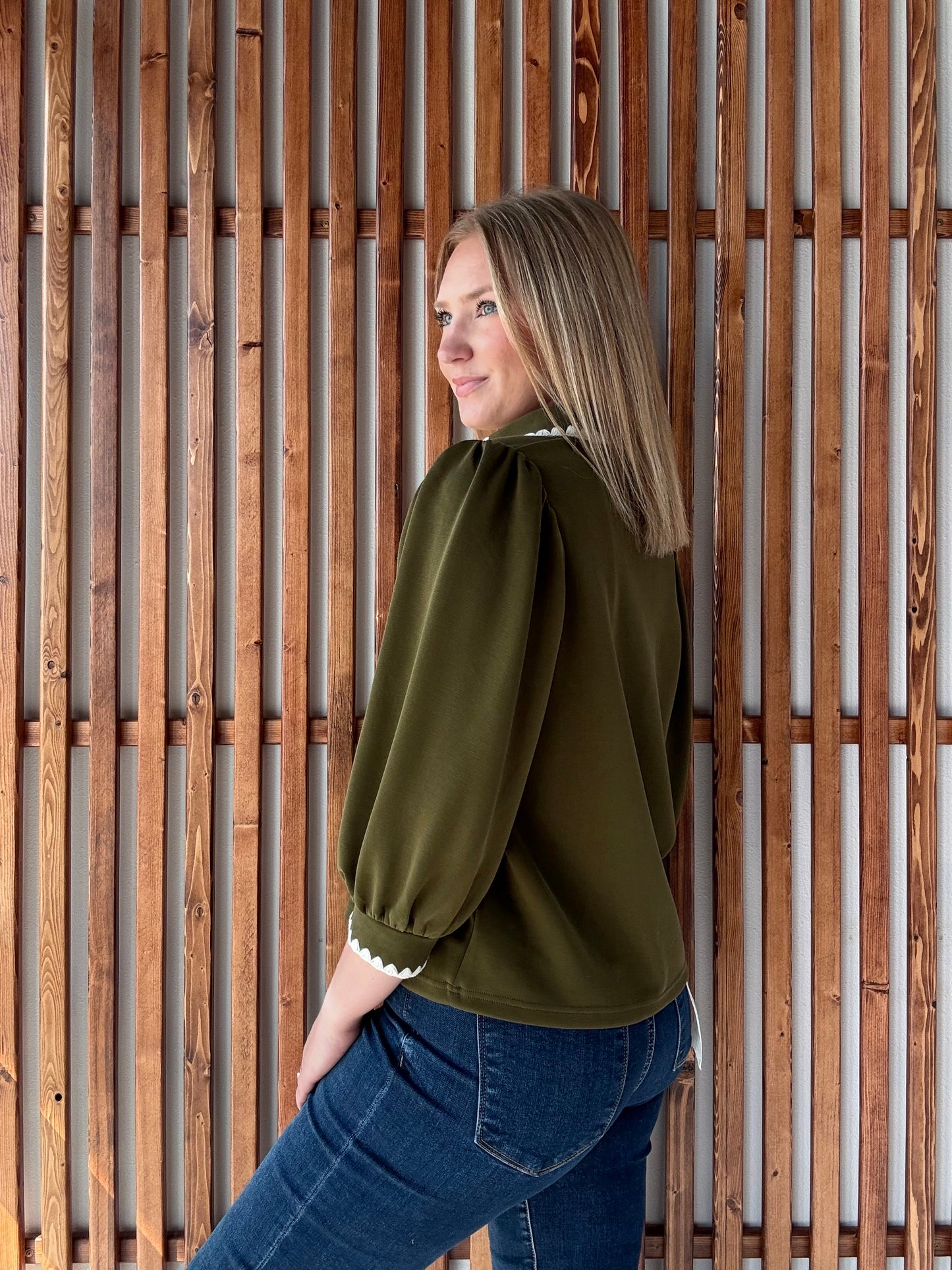 Collared Scallop Accent Trim Blouse - Olive