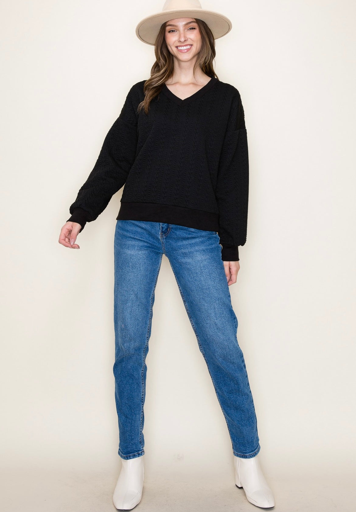 On Trend Cable Knit Sweatshirt-Black