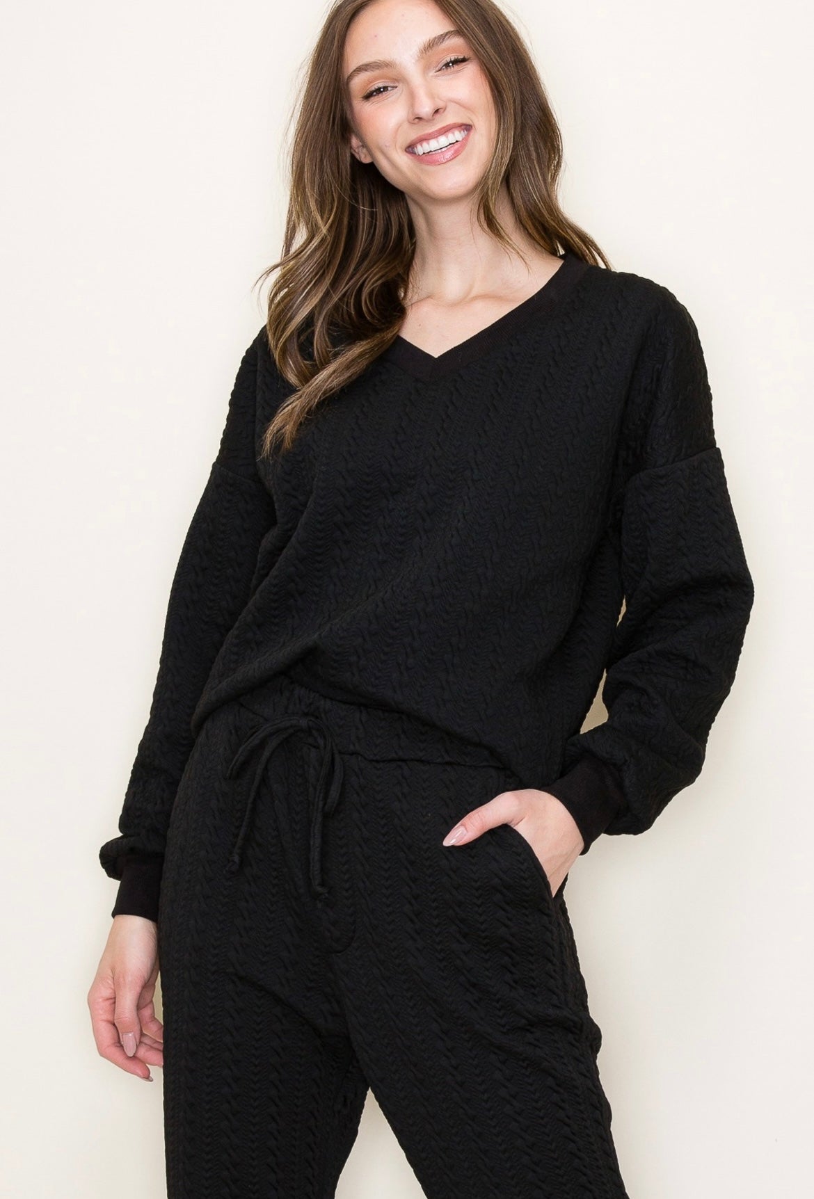 On Trend Cable Knit Sweatshirt-Black