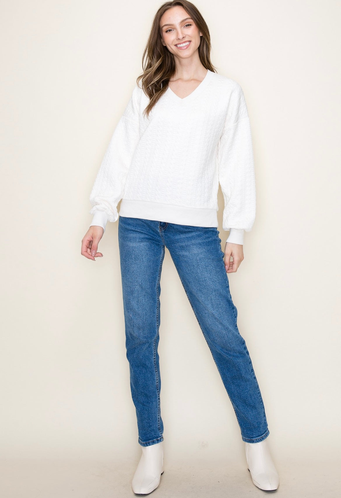 On Trend Cable Knit Sweatshirt-Cream