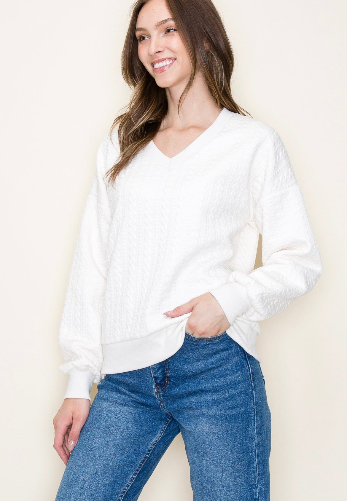 On Trend Cable Knit Sweatshirt-Cream