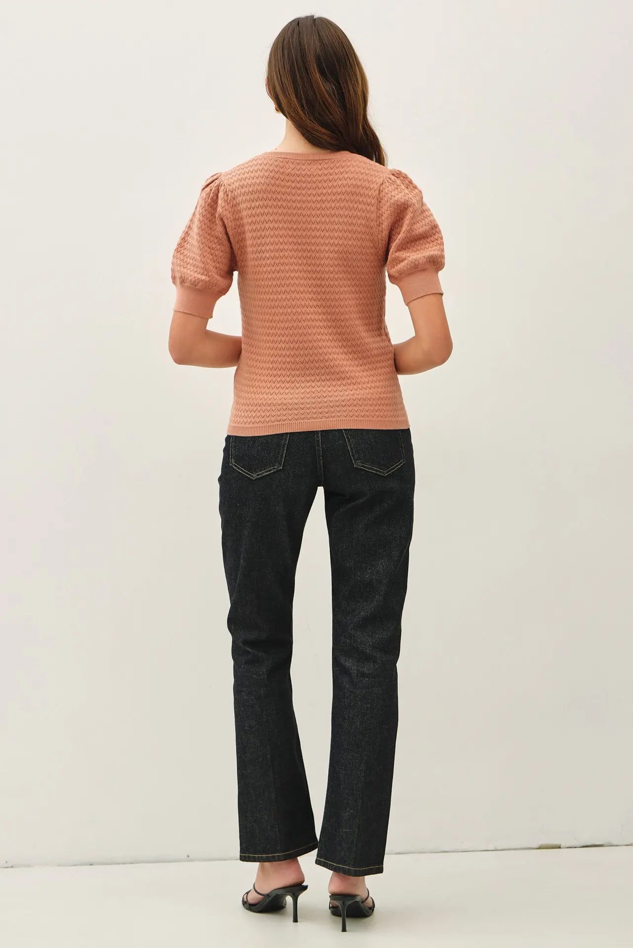 Chevron Pointelle Puffed Sleeve Sweater - Terracotta
