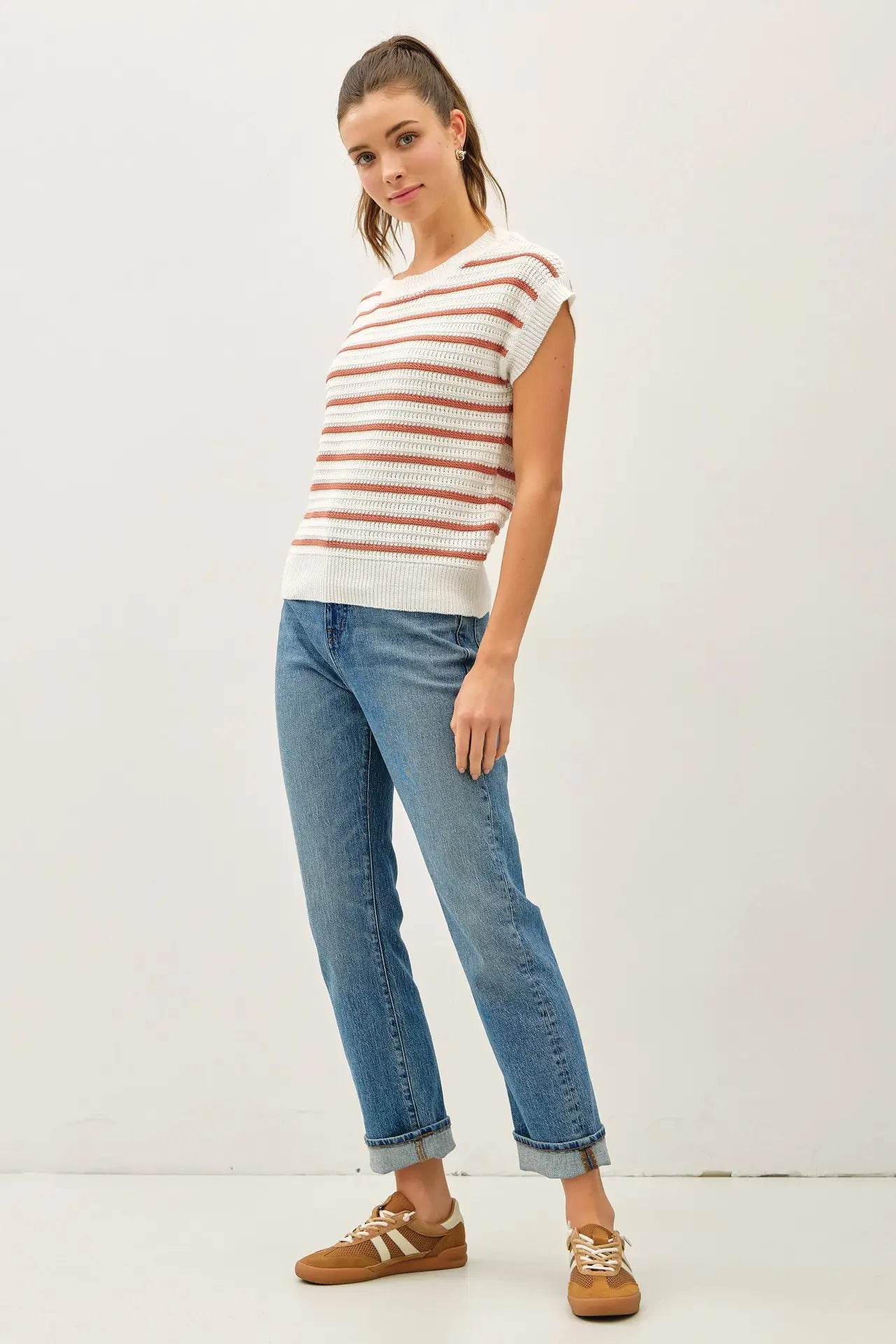 Striped Crochet Knit Cap Sleeve Top - Terracotta