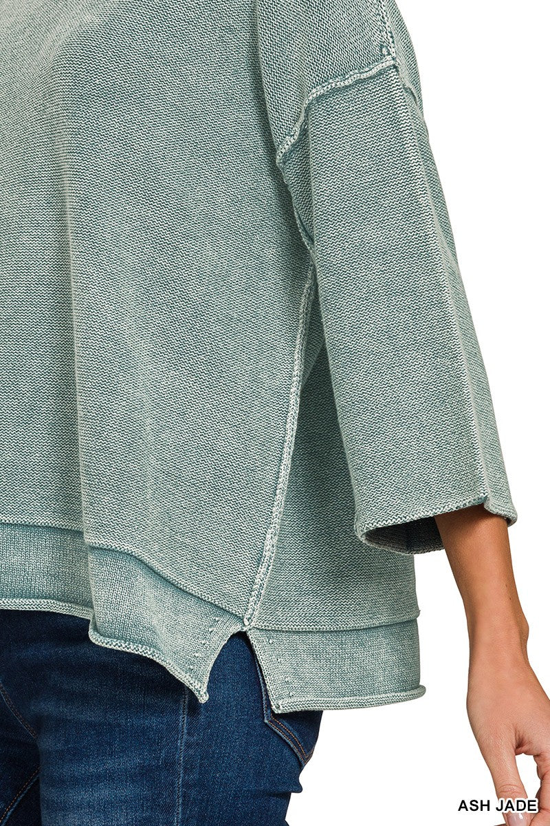 Washed 3/4 Sleeve Boxy Sweater - Ash Jade