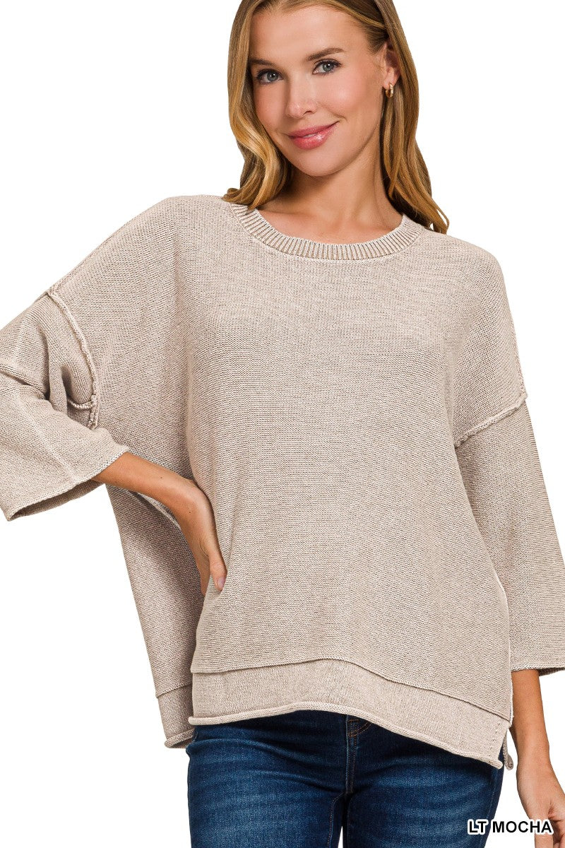 Washed 3/4 Sleeve Boxy Sweater - Light Mocha