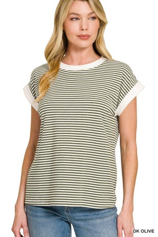 Stripe Contrast Trim Rib Banded Top - Dark Olive