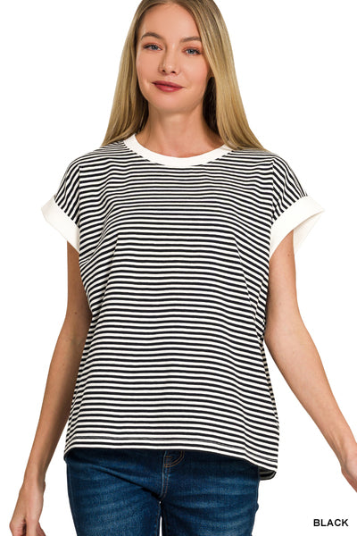 Stripe Contrast Trim Rib Banded Top - Black