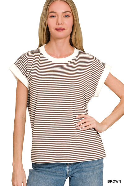 Stripe Contrast Trim Rib Banded Top - Brown