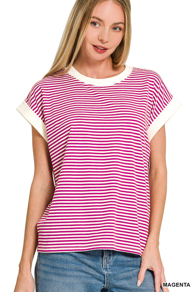 Stripe Contrast Trim Rib Banded Top - Magenta