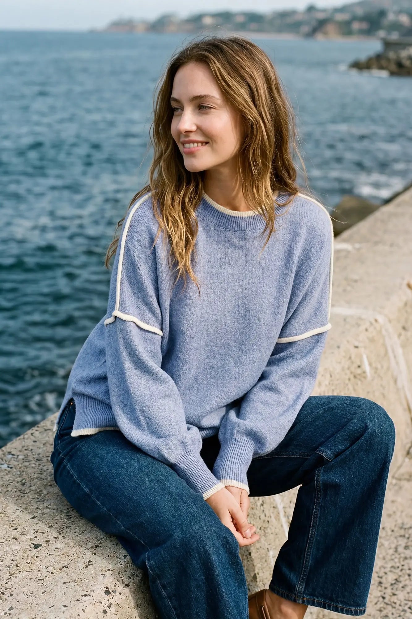 Dusty Blue Sweater With Cream Trim Detail