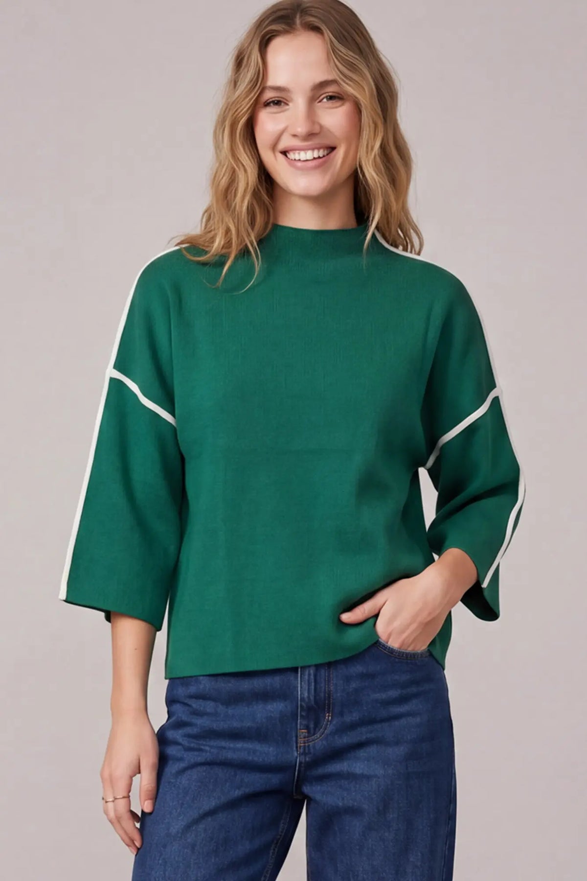 Mock Neck Sweater: Green with White Piping (Copy)