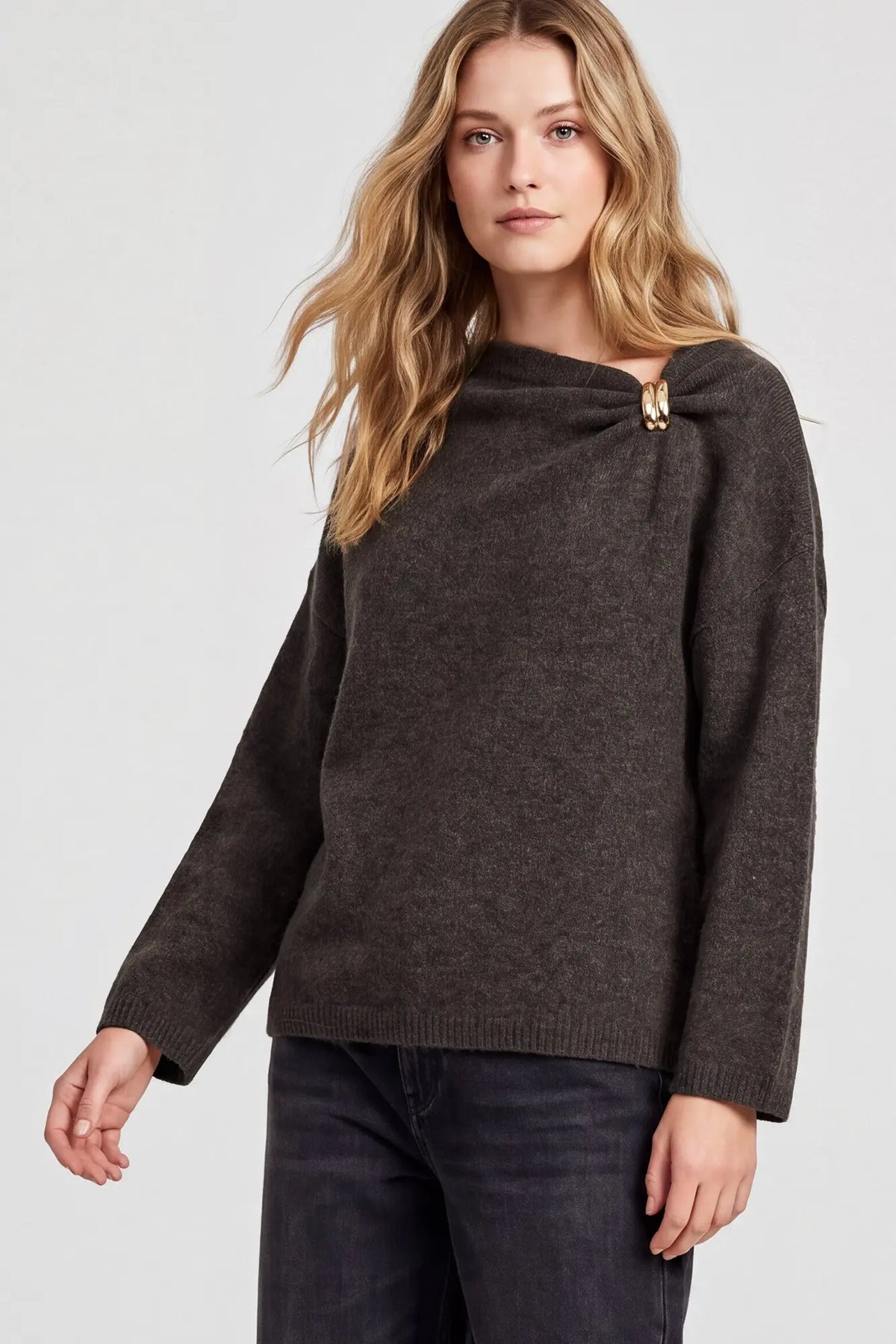 Brooch Detail Sweater: Brown