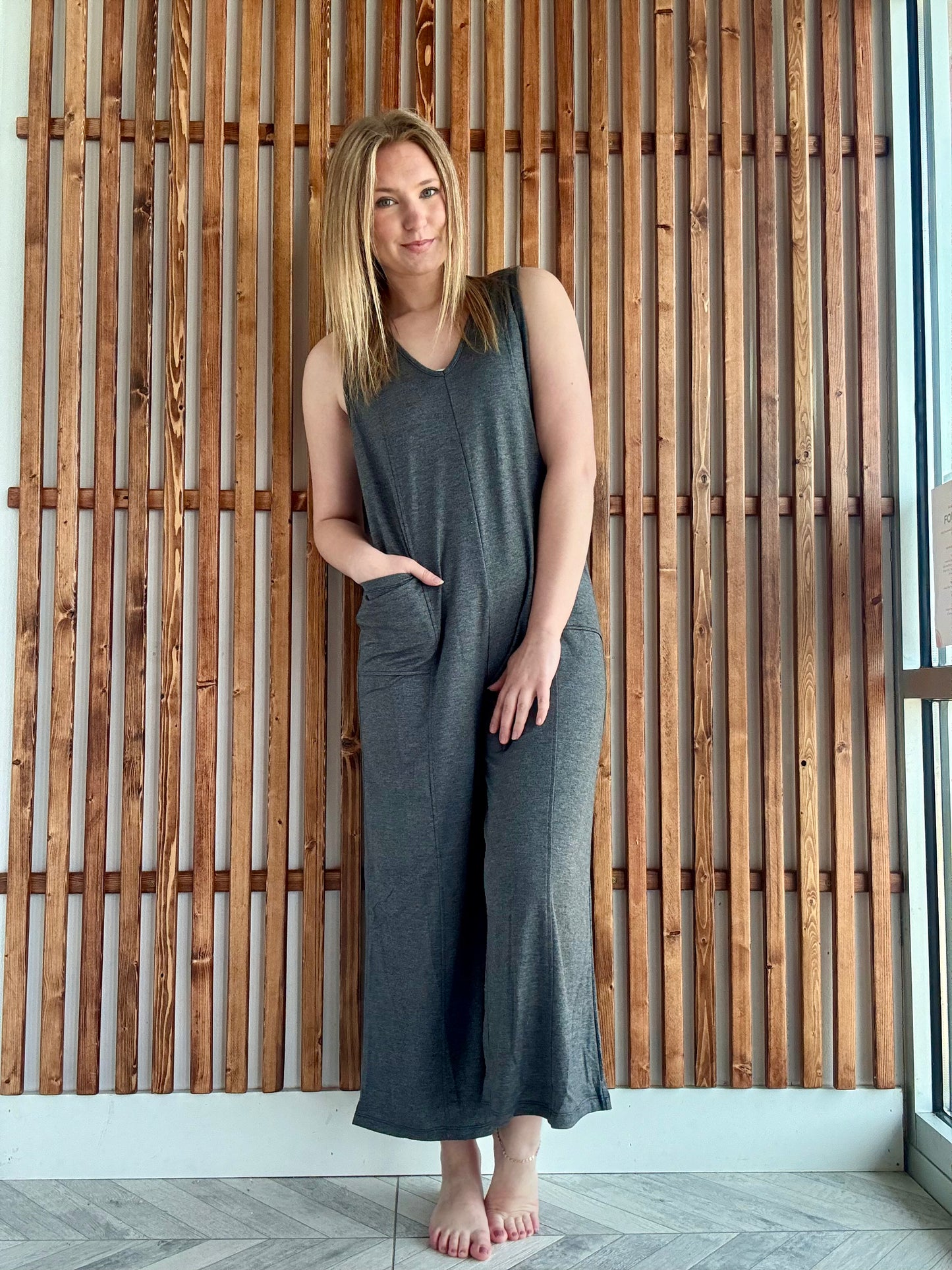 French Terry Deep V Neck Jumpsuit