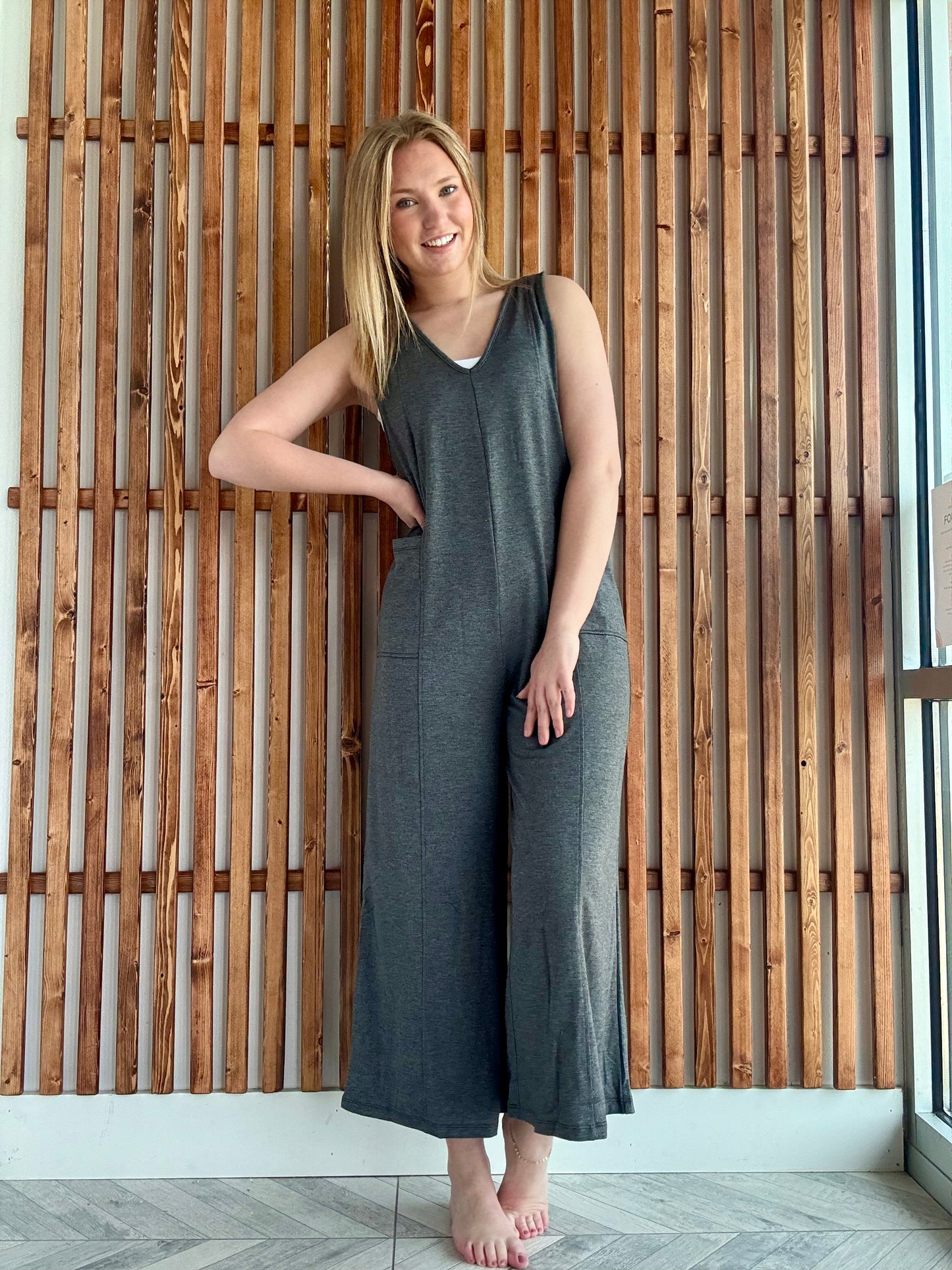 French Terry Deep V Neck Jumpsuit
